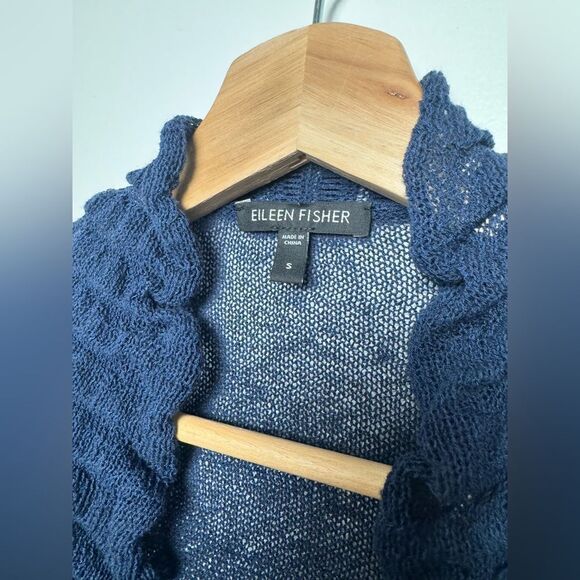 Eileen Fisher Navy Blue Linen Blend Cardigan Sweater Small S knitted ruffles - Picture 5 of 14